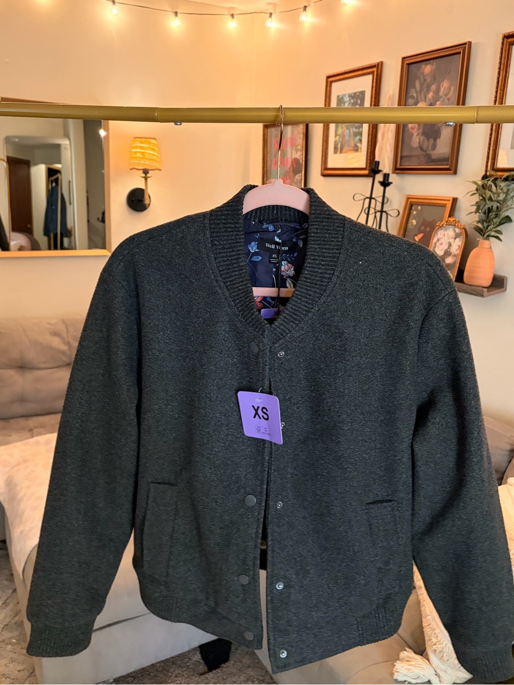NWT Charcoal Floral-Lined Bomber Jacket